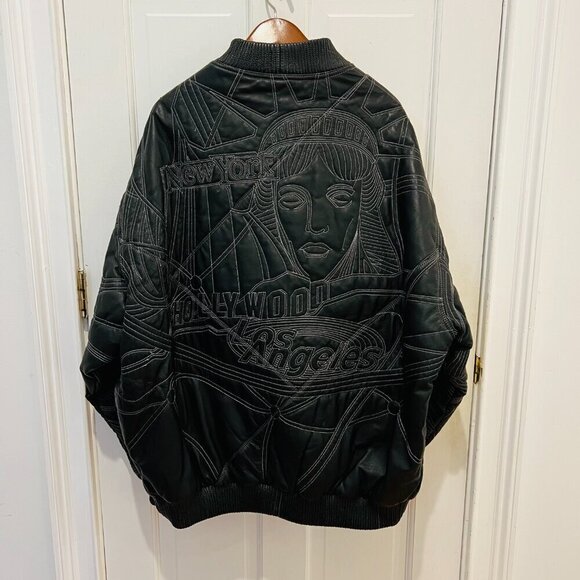 Vintage Max USA America Cities Embroided Leather Jacket 2XL Hip Hop Rare Y2K - Picture 13 of 16